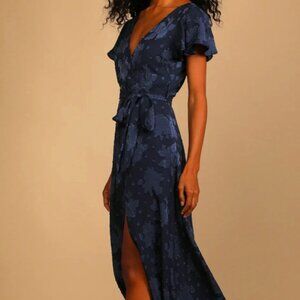 LuLus, Flower, Midnight Blue, V-Neck, Short Sleeve, Maxi Dress, XL, New